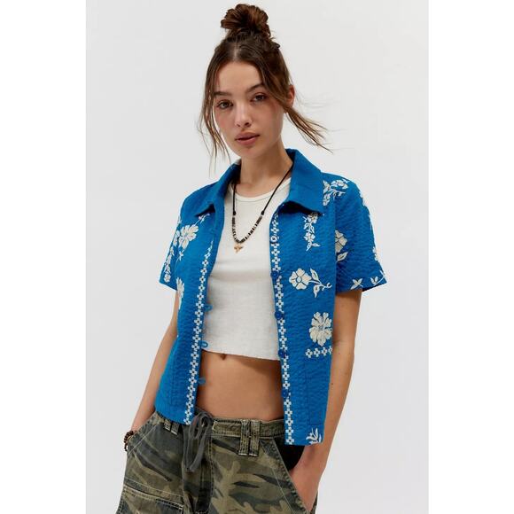 NWOT Urban Outfitters BDG Souvenir Applique Seersucker Shirt Size Medium - Picture 3 of 9